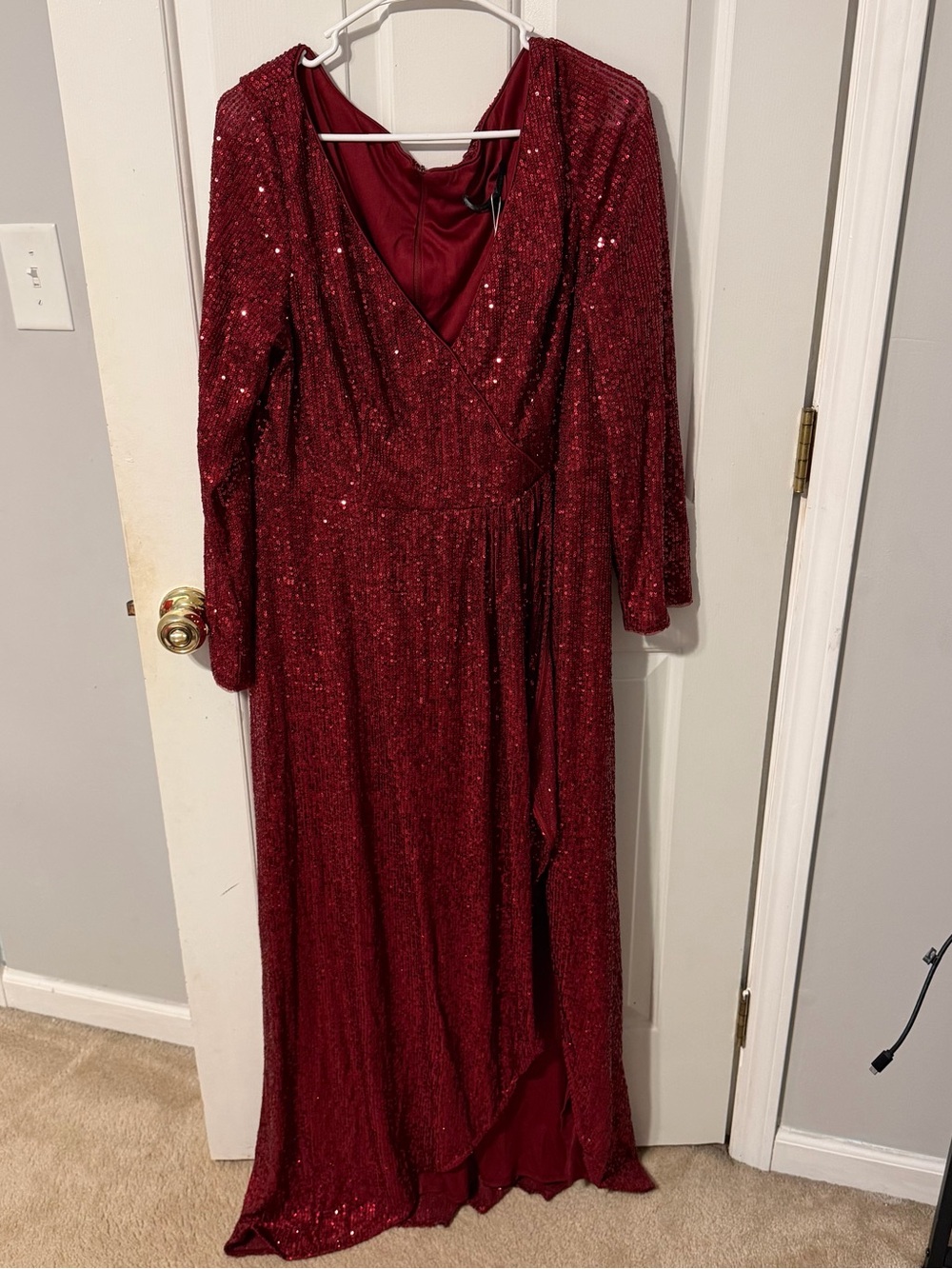 Ever Pretty Red Sequin Wrap-Style Long Sleeve Gown